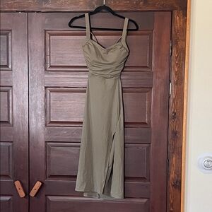 HALARA Olive Green Ruched Midi Dress with Front Slit